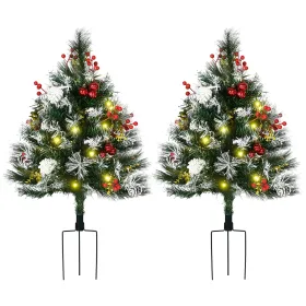 2ft 2-Pack Outdoor Entryway Pre-Lit Artificial Christmas Tree Cordless with 70 Branches, LED lights, Red Berries, Pine Cones & Balls, Green