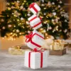 3FT Lighted Gift Box Tower, Pre-lit Stacked Present Boxes Ornament with 80 LED Warm White Lights and Stakes for Christmas Outdoor Indoor