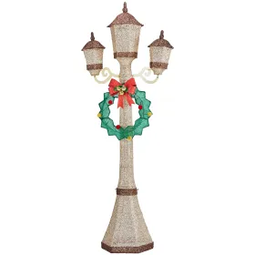 6FT Gold 3-Head Street Lamp with Wreath, 210 Warm White LEDs, Christmas Light Post, US Plug