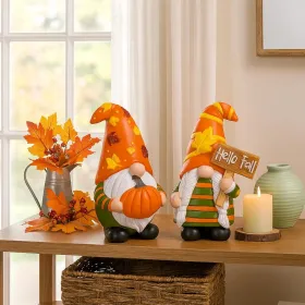 2 Pcs Fall Gnome Decoration Mini Autumn Gnomes Stripes Resin Fall Decorations for Harvest Thanksgiving Day Home Office Tiered Tray Table
