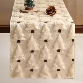 13x108 Inch Soft Plush Faux Fur Jacquard Beige Christmas Tree Table Runner, Seasonal Autumn Kitchen Dining Table Decoration for Home Party