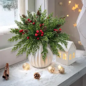 60 Pcs Christmas Artificial Pine Branches Red Berry Stems and Pine Cones, Fake Foliage Greenery Pine Needles Picks for DIY Craft Garland