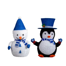 Set of 2 Lighted Plush Penguin and Snowman Christmas Decorations, Pre-lit Pull Up Holiday Decor with 100 Warm White LED Lights for Xmas