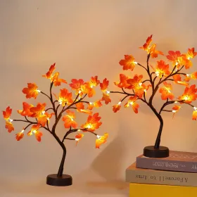 2 Pack Artificial Autumn Maple Tree with 24 LED Lights, Battery/USB Powered Thanksgiving Table Lamp, Fall Harvest Home Decor for Wedding