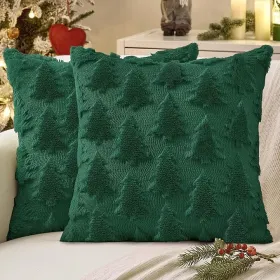 Christmas Throw Pillow Covers Dark Green Christmas Decorations Set of 2 Xmas Tree 18x18 Pillow Covers Soft Plush Faux Wool Pillowcases