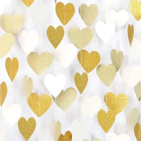 White-Gold Champagne Party-Decorations Heart Streamers Garland - 52Ft Christmas Wedding Engagement Hanging Paper Banner,Bachelorette