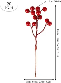 20 Pack 7 Inch Artificial Red Berry Picks for Christmas Tree Burgundy Red Berries Stems Holly Berry Branches Ornaments Wreath Crafts