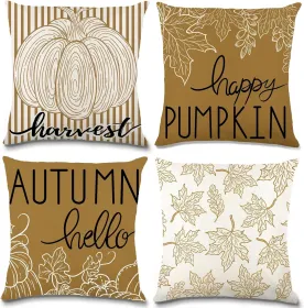 Hello Autumn Pumpkin Maple Leaf Throw Pillow Covers 18x18 Set of 4, Fall Thanksgiving Decorative Harvest Throw Pillows Outdoor Farmhouse