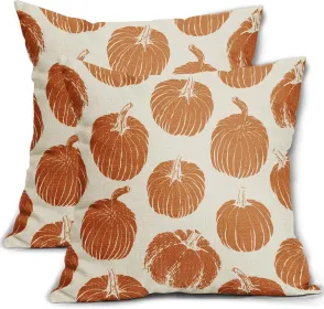Burnt Orange Pumpkin Fall Pillow Covers 18x18 Set of 2 Autumn Harvest Print Thanksgiving Decorative Throw Pillows Outdoor Farmhouse Cushion