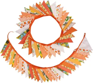 32Ft Orange Fabric Bunting Banner Triangle Flags Party Decorations Cotton Floral Garland Pennant for Autumn Fall Thanksgiving Harvest