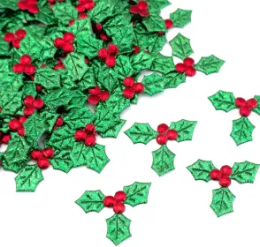 100pcs Mini Triple Leaf Holly Berries, Christmas Simulation Holly Berries Artificial Holly Leaves for Christmas Wreath Card Gift Tags
