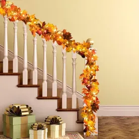 DearHouse 2 Pack Fall Maple Leaf Garland, 5.9Ft/Piece Hanging Vine With 16.4ft 40 Led String Light, Artificial Autumn Thanksgiving Decor
