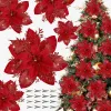 16 PCS Poinsettia Flower Artificial Poinsettias with Clips Christmas Decor Glitter Poinsettia Christmas Ornaments Xmas Tree Flower