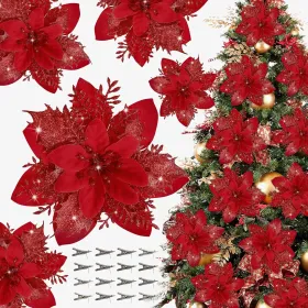 16 PCS Poinsettia Flower Artificial Poinsettias with Clips Christmas Decor Glitter Poinsettia Christmas Ornaments Xmas Tree Flower