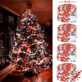 4 Pack Red and White Christmas String Lights, Each 20FT 60 LED Fairy Lights Battery Operated with Timer, Waterproof Twinkle Lights for