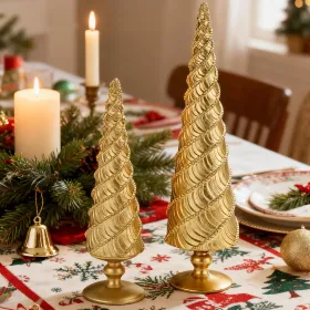 2Pcs Christmas Tree Figurines, Gold Resin Christmas Trees with Spiral Design, Small Decorative Tabletop Trees for Mantel, Modern Holiday