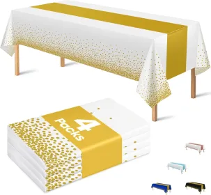 4 Pack Disposable Plastic Table Cloths for Parties,White and Gold Rectangle Table Covers for Fall Decor Wedding Bridal Shower Birthday |