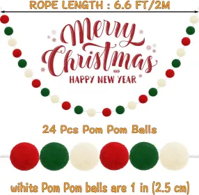 Christmas Pom Pom Garland Christmas Decorations for Tree Indoor Home Room Decor 3pk Cute Hanging Felt Ball Red White Green Pompom Bead