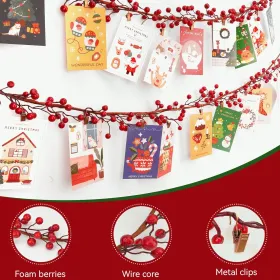 Christmas Decorations Indoor - 57'' Berry Garland Christmas Card Holder – Handmade Berry Garland with 20 Clips for Cards Photos - Holiday