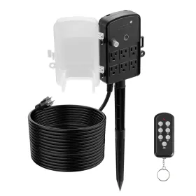 Outdoor Power Stake, 50FT Extension Cord, Outdoor Power Strip Weatherproof with Cover, Remote Control Dusk to Dawn Light Timer Waterproof