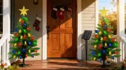 2Pack Solar Christmas Tree Lights 37.4in - 100 LED 4 Colors 8 Modes, IP44 Waterproof Outdoor Pathway Decor with Ornaments