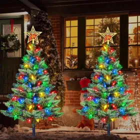 Upgraded Set of 2 Solar Christmas Tree, Outdoor Christmas Decorations,Prelit Xmas Tree w/ 100 LED Multi-color C6 String Lights for Outsdie