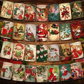 4 Pieces Vintage Christmas Banner Xmas Fireplace Garland Vintage Decorations Traditional Style Hanging Banner for Christmas Indoor Home