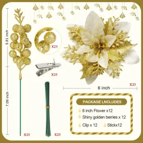 50 PCS Poinsettia Flower Artificial Poinsettia with Clips Christmas Decor,Glitter Poinsettia Christmas Ornaments Artificial Flowers for DIY