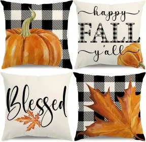 Fall Pillow Covers 18x18 Thanksgiving Farmhouse Decorations Buffalo Plaid Pumpkin Maple Leaf Outdoor Fall Decor Throw Pillow Covers Blessed