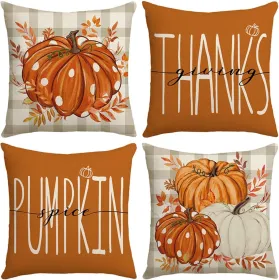 Thanksgiving Throw Pillow Covers 18x18 Inch Set of 4, Watercolor Pumpkin Maple Leaf Pillows Fall Thanksgiving Harvest Thankful Pillows