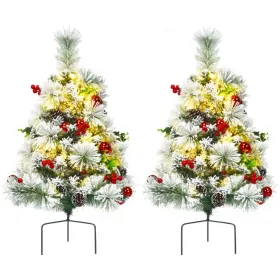 Set of 2 Outdoor 24 Inch Battery Powered Pre-lit Pathway Flocked Christmas Trees