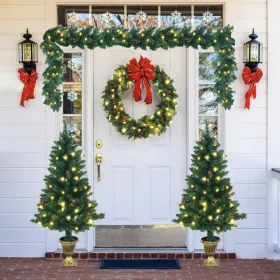 4 Pieces Christmas Decoration Set with Garland Wreath and Entrance Trees