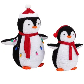 2-Piece Lighted Plush Penguins Christmas Yard Decorations, Set of 2 Pre-lit Pull Up Penguins with 150 Warm White LEDs, Multi-color Light