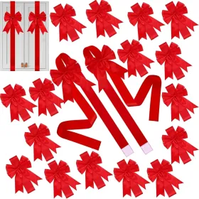 18 Pcs Christmas Cabinet Door Ribbons Bows 8 x 40 Inches Large Christmas Wreath Tree Bow for Gift Xmas Cabinets Furniture Kitchen Wrapping