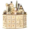 Christmas Advent Calendar, Light Up Table Xmas Wooden Holiday Decoration with Countdown Drawers and Village, for Kids and Adults, Natural