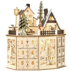 Christmas Advent Calendar, Light Up Table Xmas Wooden Holiday Decoration with Countdown Drawers and Village, for Kids and Adults, Natural