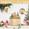 Christmas Advent Calendar, Light Up Table Xmas Wooden Holiday Decoration with Countdown Drawers and Village, for Kids and Adults, Natural