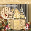 Christmas Advent Calendar, Light Up Table Xmas Wooden Holiday Decoration with Countdown Drawers and Village, for Kids and Adults, Natural