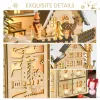 Christmas Advent Calendar, Light Up Table Xmas Wooden Holiday Decoration with Countdown Drawers and Village, for Kids and Adults, Natural