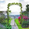 Outsunny 84" Garden Arch Arbor with Gate, Metal Arch Trellis, Garden Archway for Climbing Vines, Wedding Ceremony Decoration, Flourishes & Arrow Tips,