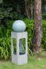 13x13x44" Tall Contemporary Sphere Outdoor Water Fountain, Cement/Concrete Outdoor Fountain, Antique Blue Raindrop Water Feature with Light For Garden