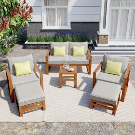 Outdoor Patio Wood 6-Piece Conversation Set, Sectional Garden Seating Groups Chat Set with Ottomans and Cushions for Backyard, Poolside, Balcony (Material: Acacia Wood, Color: Grey)