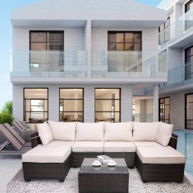 7 Pieces Outdoor Patio Sectional Sofa Couch, Silver Gray PE Wicker Furniture Conversation Sets with Washable Cushions & Glass Coffee Table for Garden, (Color: Brown)
