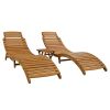 Outdoor Patio Wood Portable Extended Chaise Lounge Set with Foldable Tea Table for Balcony, Poolside, Garden